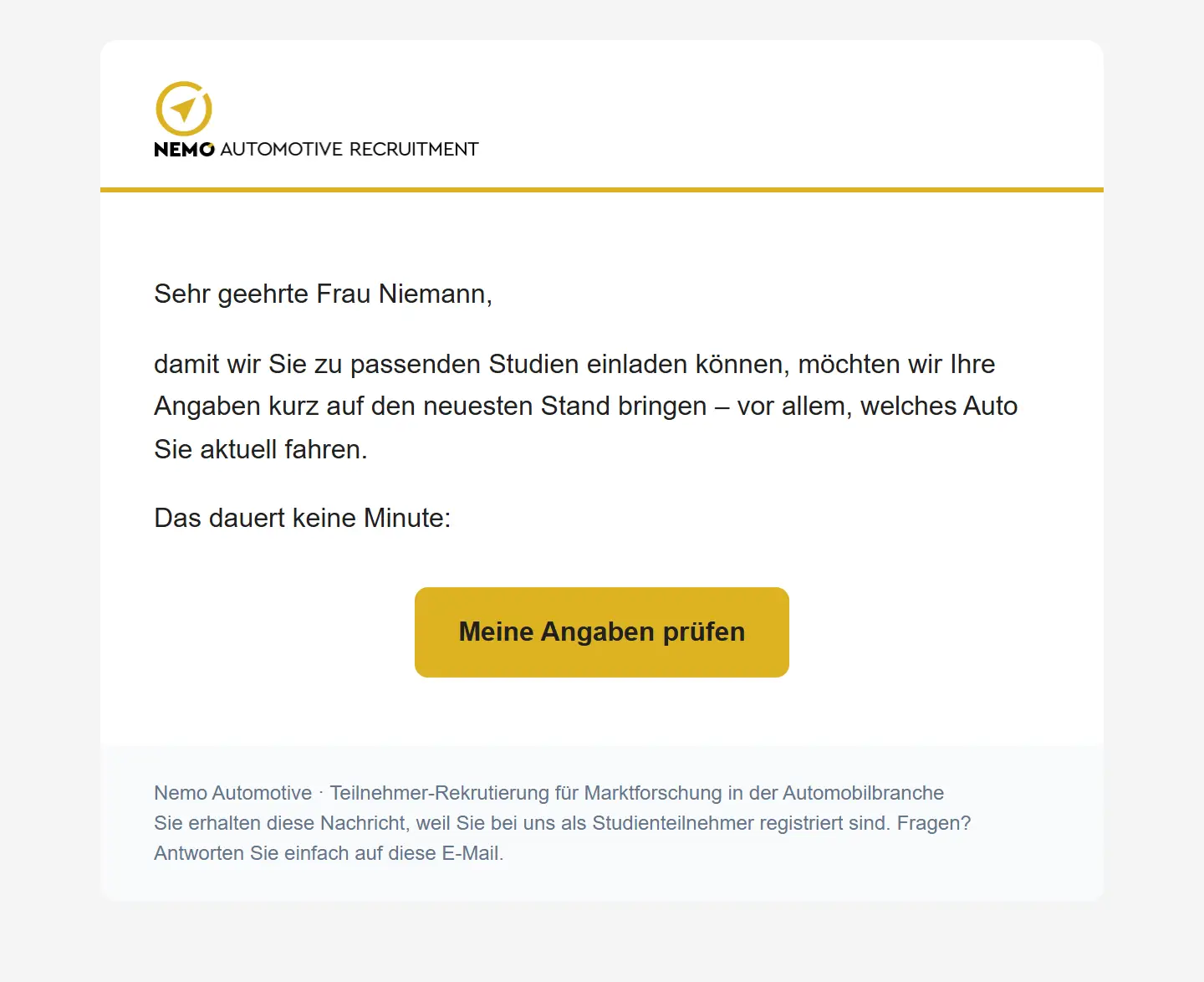 Mail „Sind Ihre Angaben noch aktuell?“ mit Knopf „Meine Angaben prüfen“ im Design von Nemo Automotive (Beispieldaten)