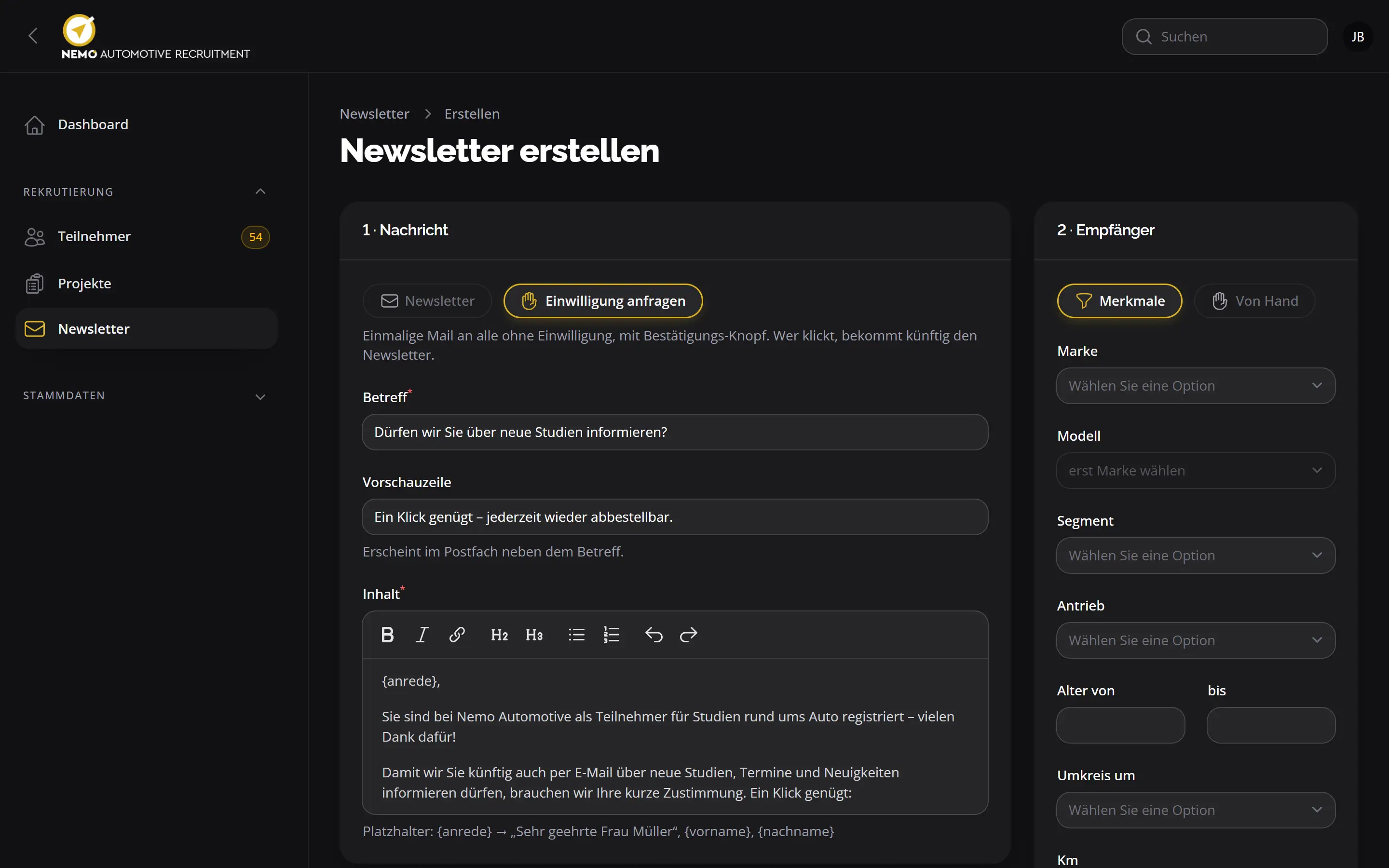 Newsletter erstellen: Art „Einwilligung anfragen“ und Empfänger nach Merkmalen (Beispieldaten)